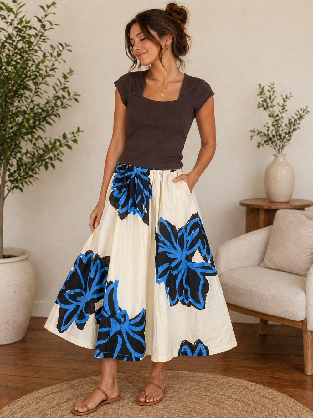 Chic Brown Top & Floral Midi Skirt Set – Elegant Statement Two-Piece Outfit